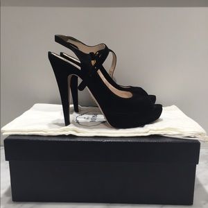 PRADA black suede peep-toe slingback stiletto heel